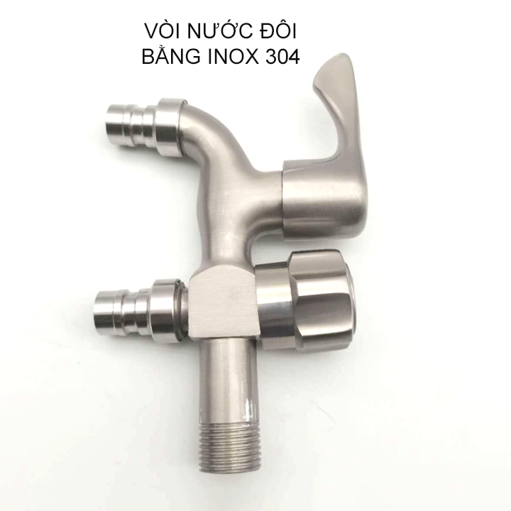 Vòi nước đôi inox 304 gắn tường, 01 đầu vào 2 đầu ra (kích thước đầu vào DN15 lắp cho ống D21)