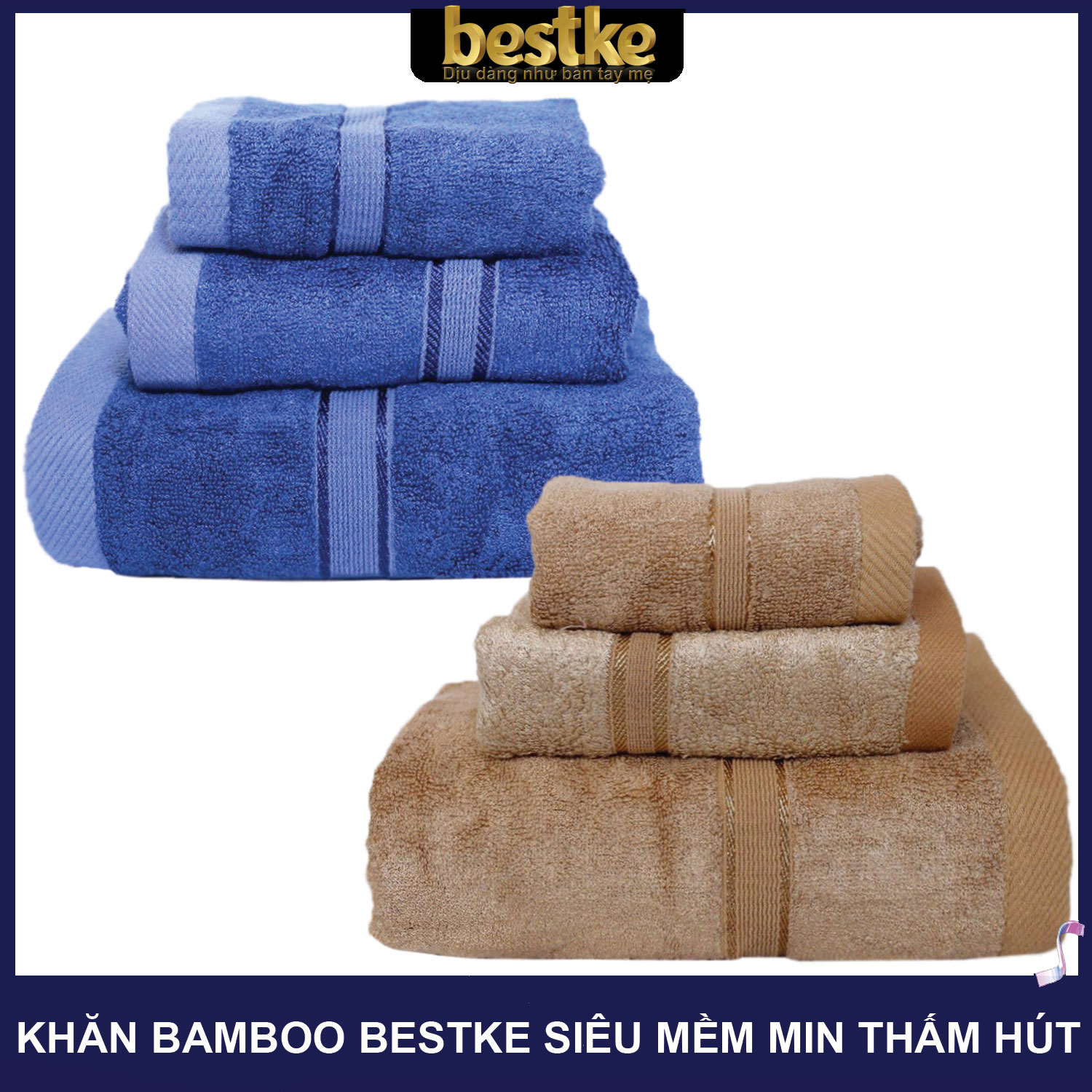 Combo 10 Khăn Mặt Sợi Tre bestke màu xanh đậm và nâu cafe size 30*50cm = 70g/cái, Bamboo Towels