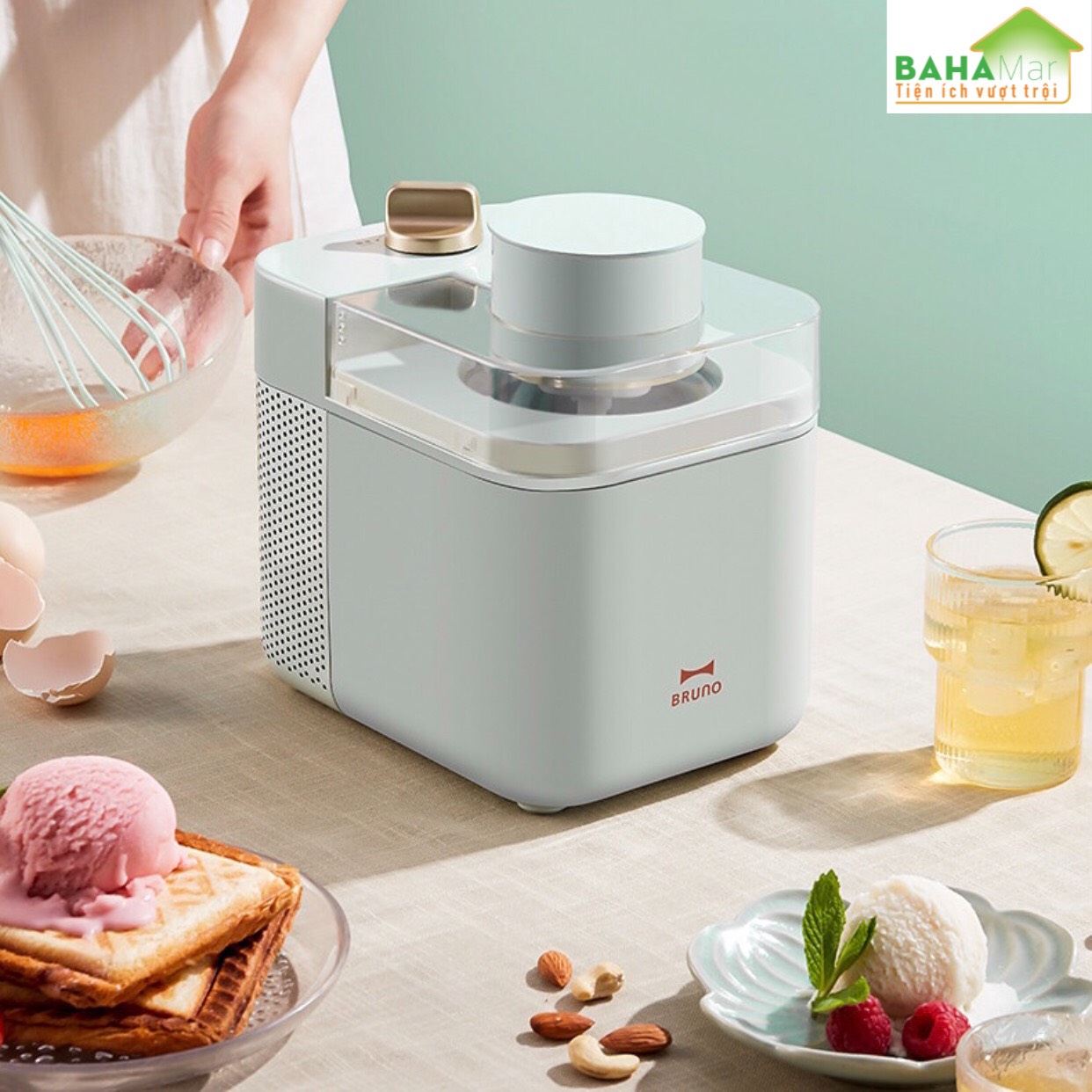 MÁY LÀM KEM THÔNG MINH TỰ ĐỘNG, LÀM ĐÁ, SỮA CHUA HOA QUẢ, MÓN TRÁNG MIỆNG BRUNO "BAHAMAR" Một nút ấn