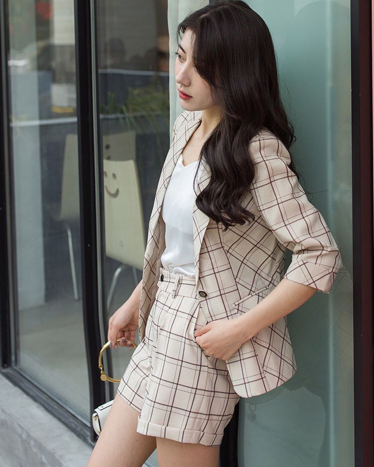 Set vest short họa tiết caro
