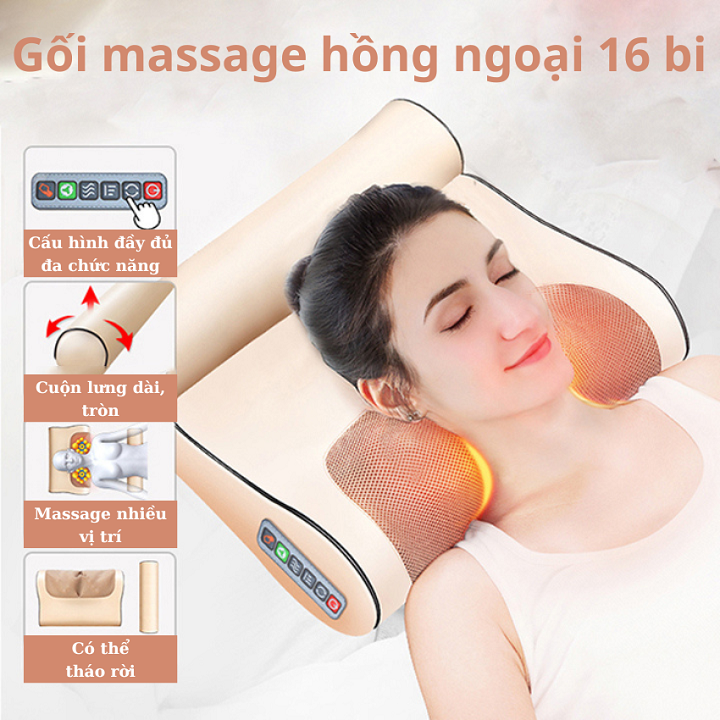 Gối Massage Hồng Ngoại 16 Bi Nhật Bản Thông Minh Đa Năng Cao Cấp, Mát Xa Cổ, Lưng, Vai Gáy, Giảm Đau Nhức Hiệu Quả