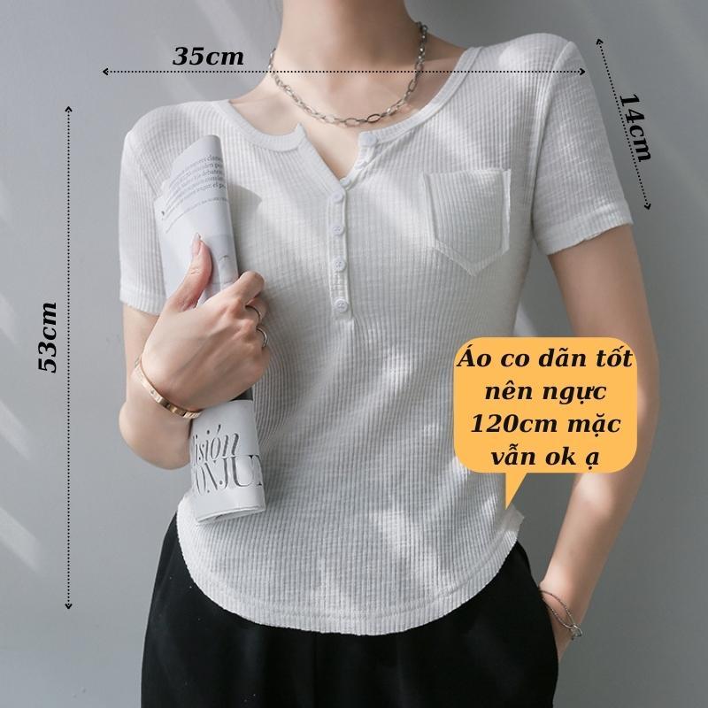 Áo Thun nữ cổ V phối cúc chất tăm lạnh, Áo len tăm cộc tay co dãn tốt, mềm mịn