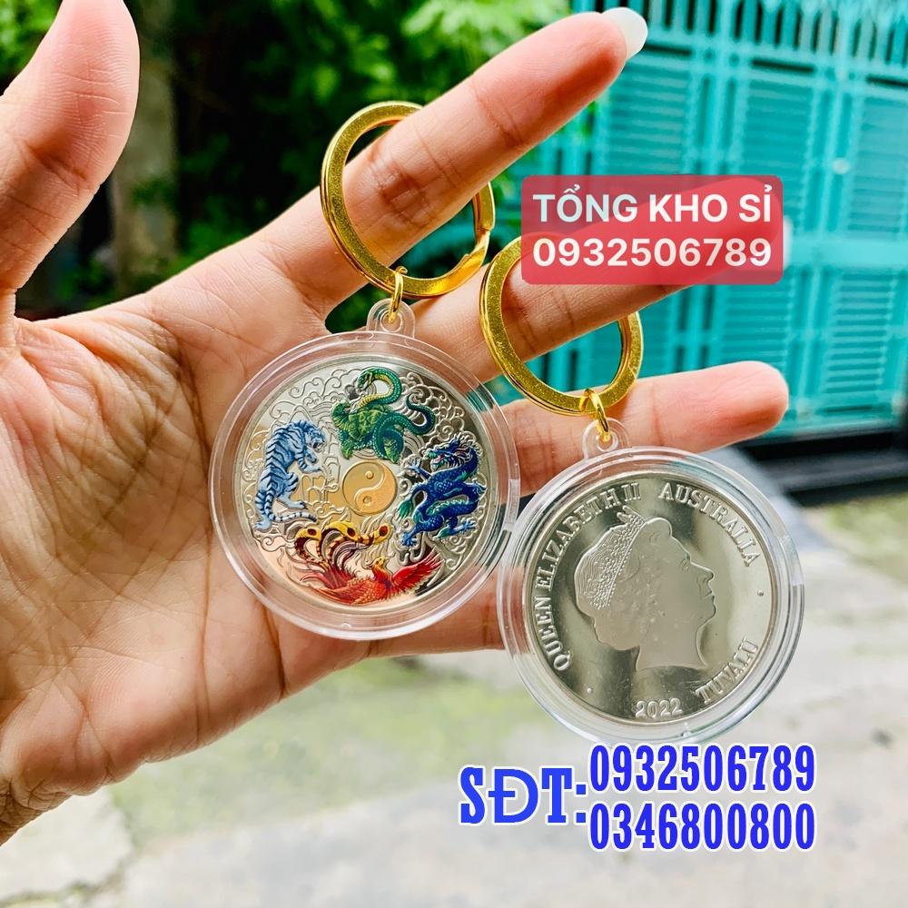 Móc khóa nhà, xe máy Đồng Xu Tứ Linh In Màu 3D Phong Thủy May Mắn, kèm Túi Gấm Đỏ - PASA COLLECTION
