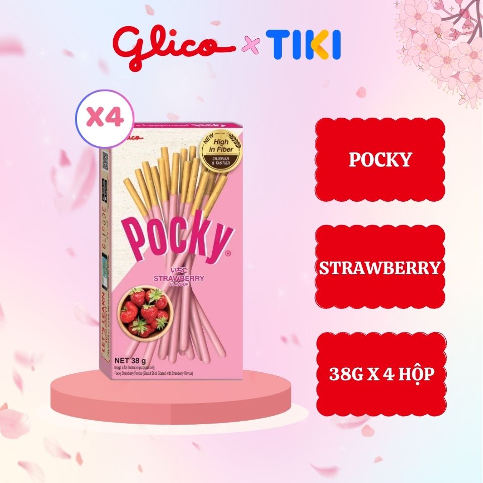 Combo 4 hộp bánh snack que Pocky Strawberry Flavour 48g vị dâu đồ ăn vặt