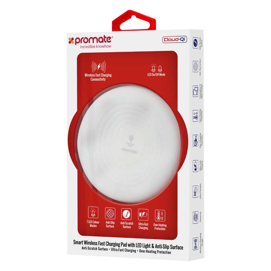 Sạc Không Dây Promate Cloud-Qi 7 Chế Độ Ánh Sáng LED - Hàng Chính Hãng (Trắng)
