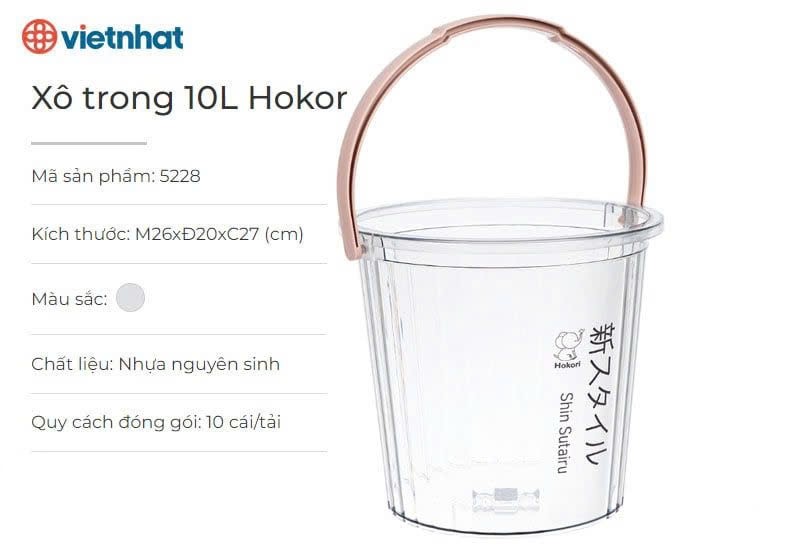 Xô trong 10L Hokori 5228, Xô đựng nước trong suốt, Xô lau nhà nhựa trong suốt dày dặn