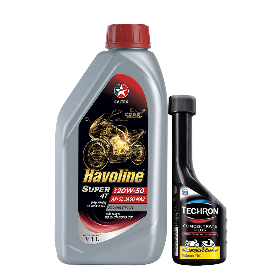 Bộ dầu nhớt xe moto và xe số Caltex Havoline Super 4T SAE 20W50 API SL JASO MA2 1L kèm dung môi pha xăng