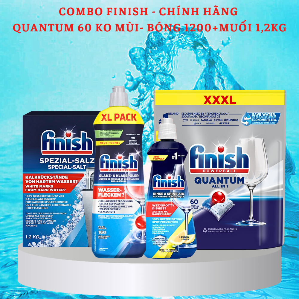 Combo 60 Viên rửa bát Finish quantum max+1150ml nước bóng finish+1.2kg Muối Finish - Hanoimart