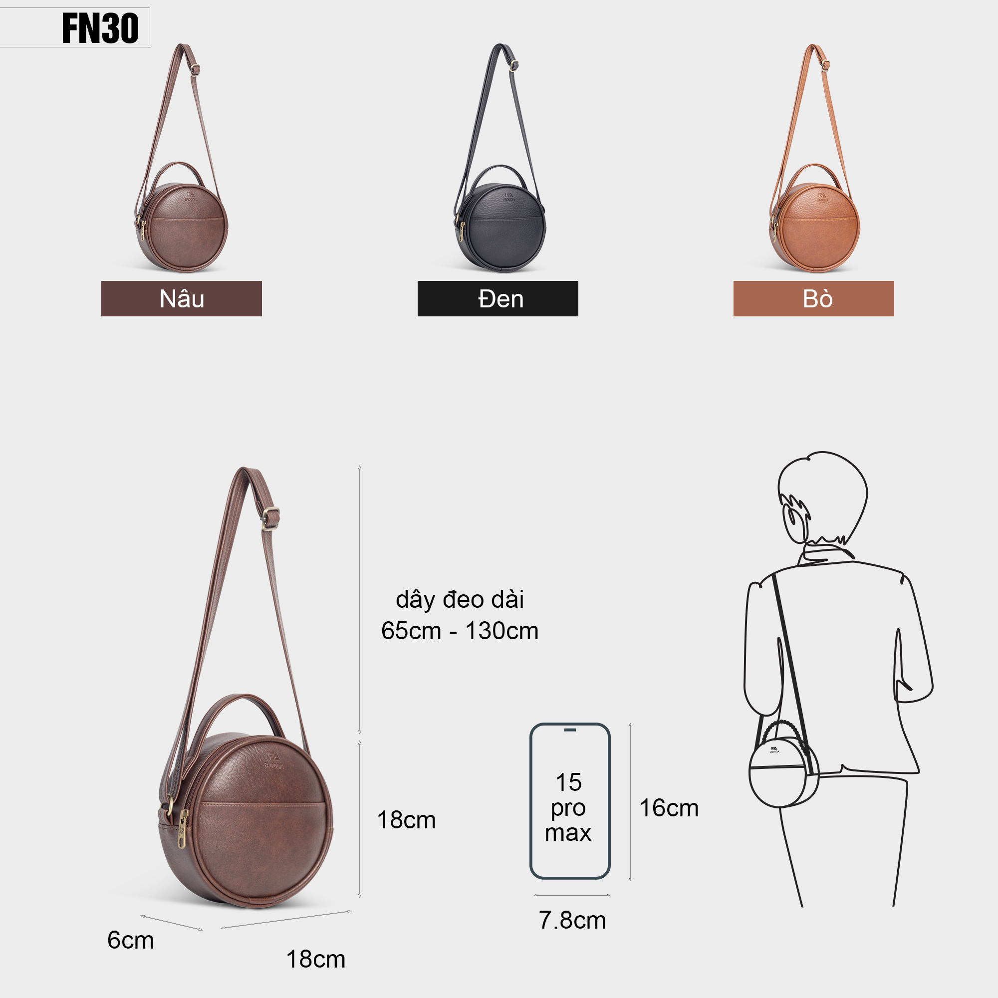 Túi đeo chéo da nữ tròn mini FADODA FN30