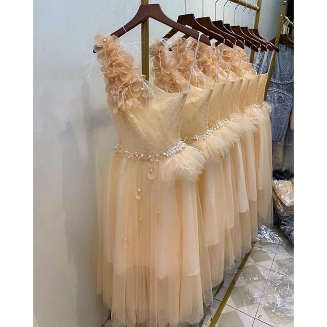 Đầm váy nữ xoè lệch vai lông vũ có 3 màu