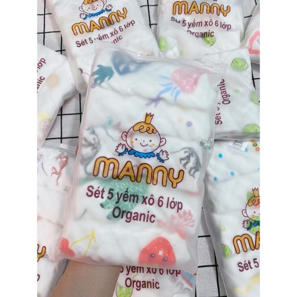 Set 5 khăn sữa 6 lớp họa tiết cotton 100% túi zip cao cấp Manny