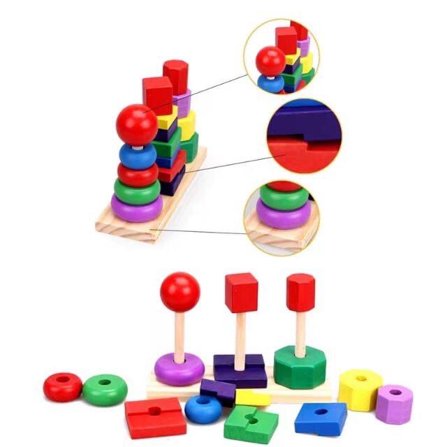 Đồ chơi gỗ 3 tháp xếp chồng trên thanh ngang - Montessori