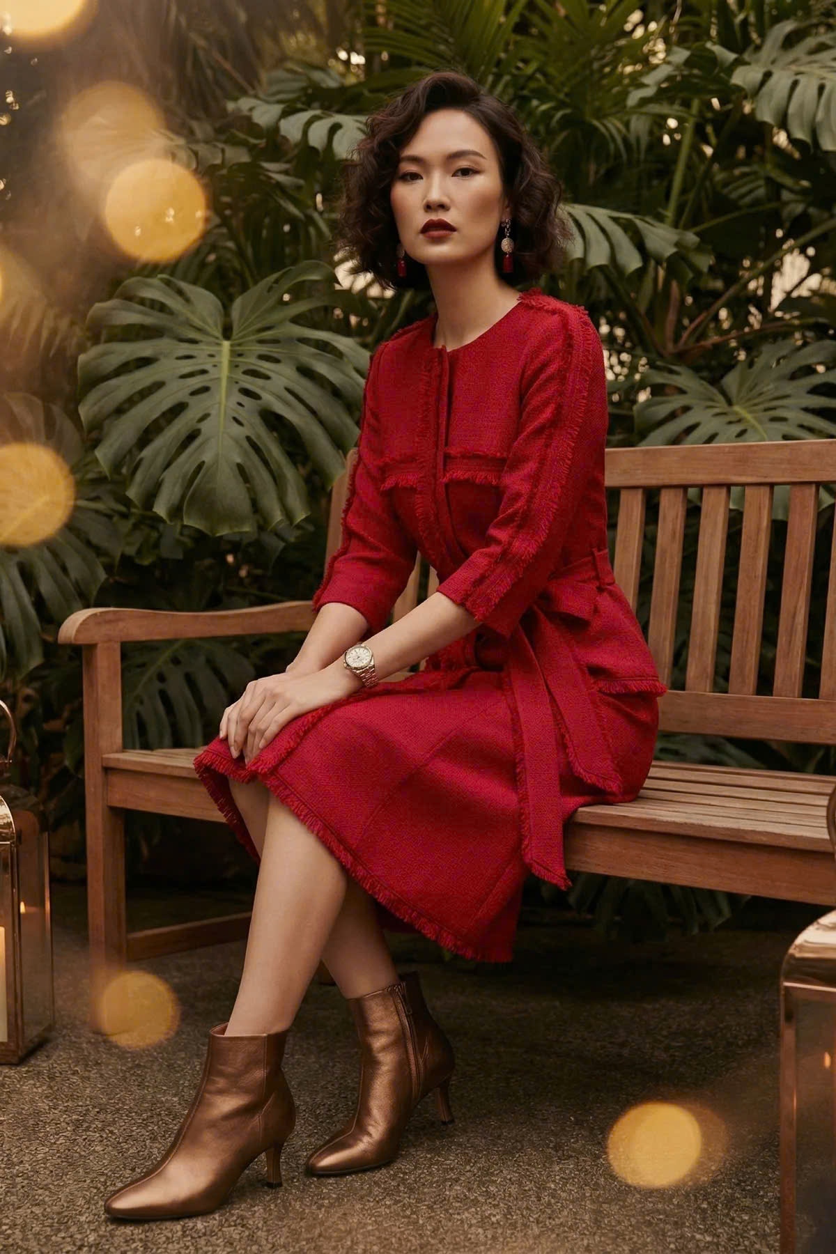 Đầm Suông Tua Rua Tweed Đỏ, Đầm Suông Thắt Eo Thanh Minh thời trang thiết kế Hity Dre201