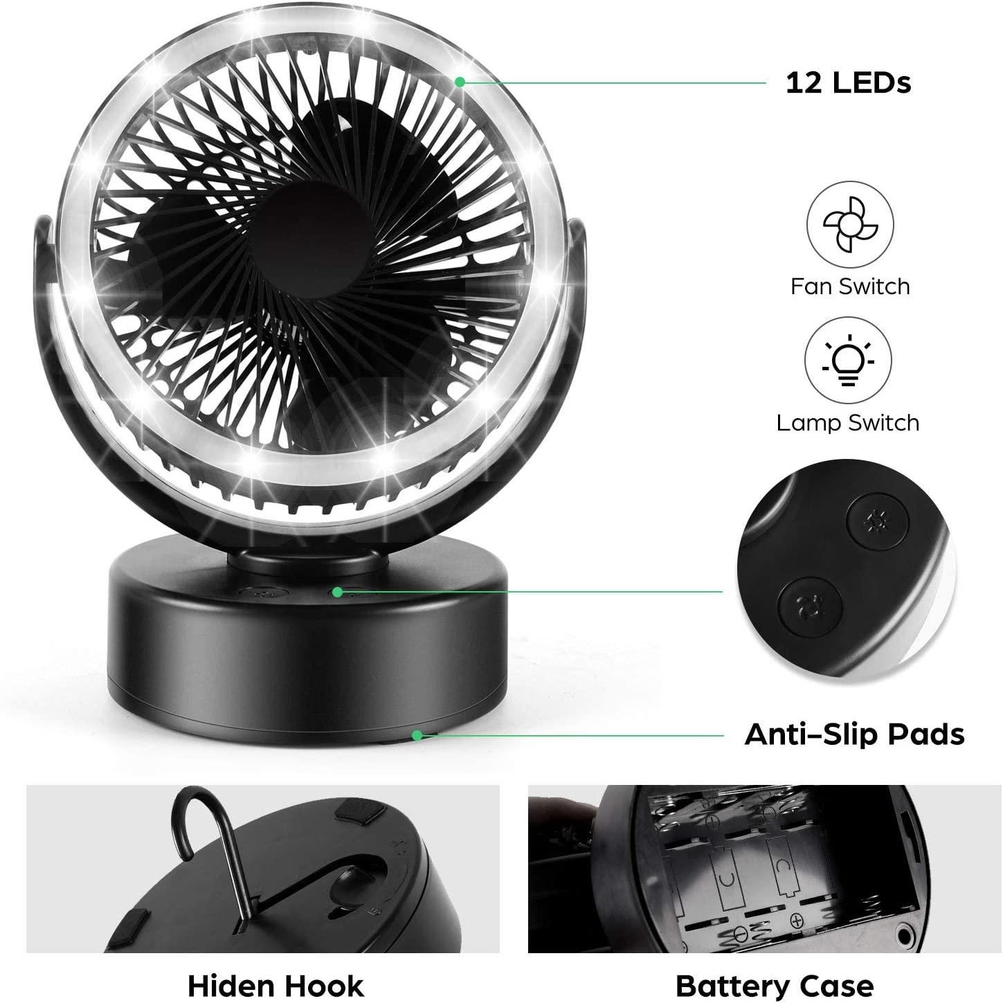 Quạt Cắm Trại Di Động Có Đèn LED, Đèn Quạt Lều Chạy Bằng Pin