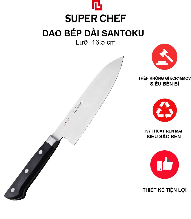 Dao Bếp Dài Santoku Chính Hãng Super Chef Công Nghệ Nhật Siêu Sắc Bén, Lâu Cùn, Lưỡi Thép Cao Cấp Không Gỉ Sét , An Toàn Sức Khỏe Siêu Tiện Lợi