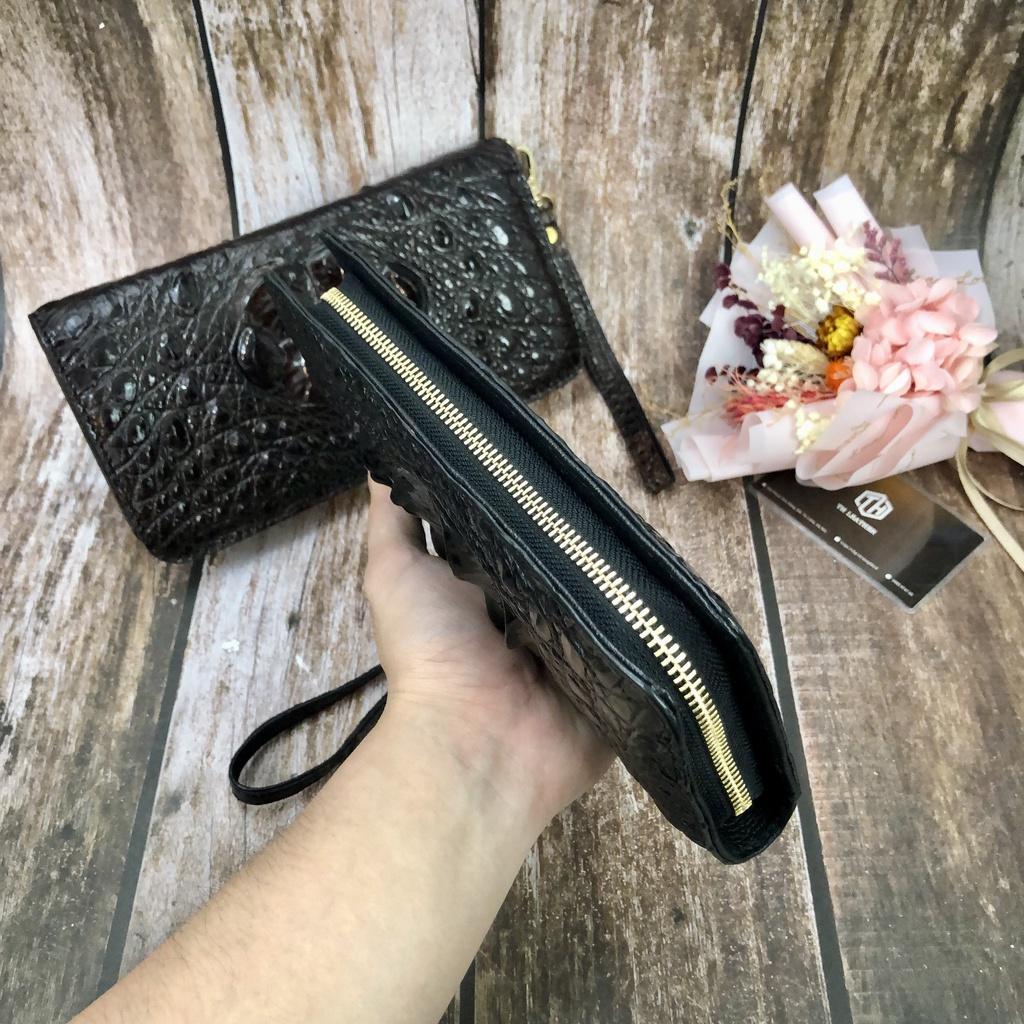 Clutch Da Cá Sấu Thật 1 Khóa - Clutch Cá Sấu Màu Đen 6 Gù, Ví Cầm Tay Có Ngăn Đựng Điện Thoại, BH 24 Tháng