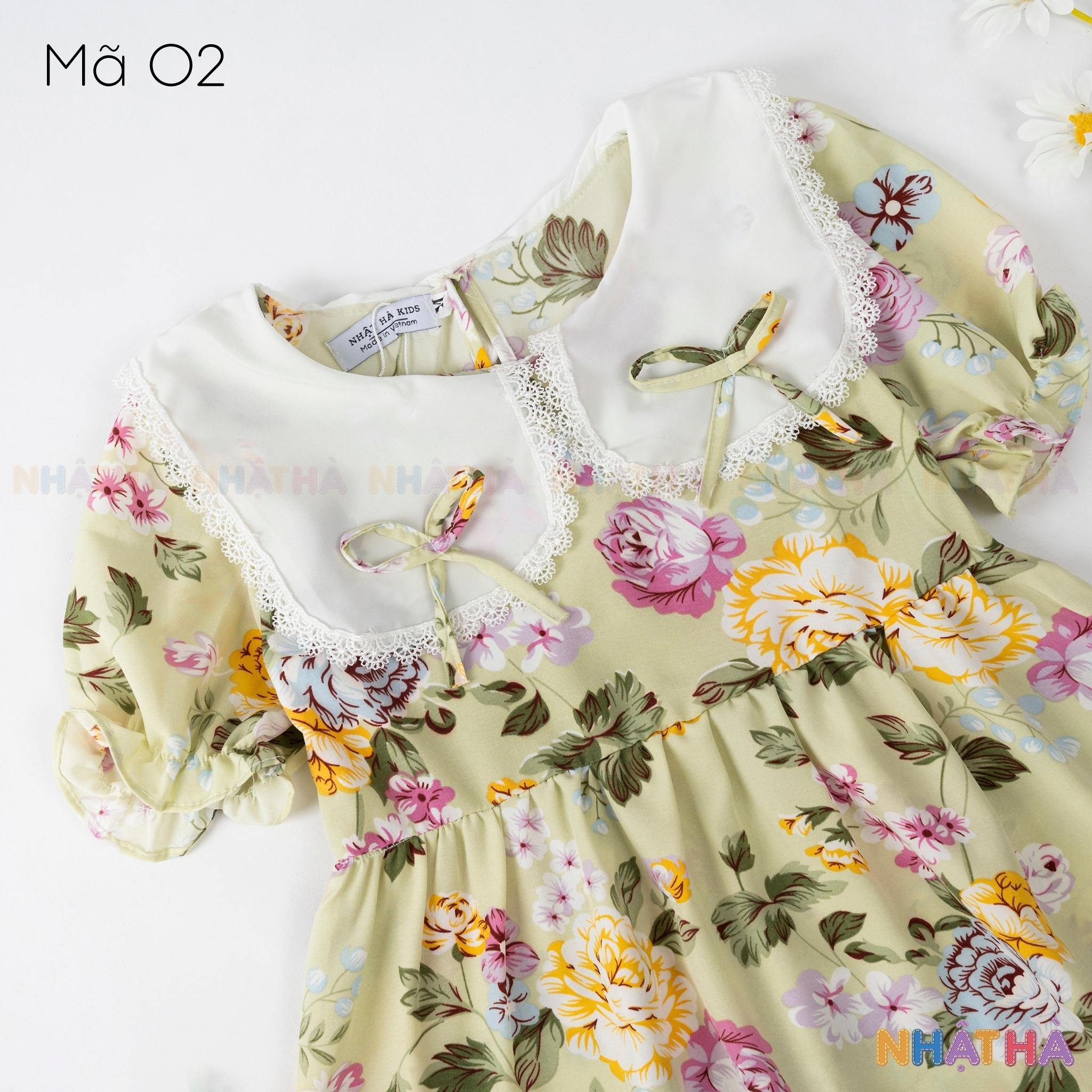 Váy bé gái dáng xòe O2 Chất Lanh Lụa Thoáng Mát Thiết kế cổ sen siêu dễ thương size đại từ 12-45kg