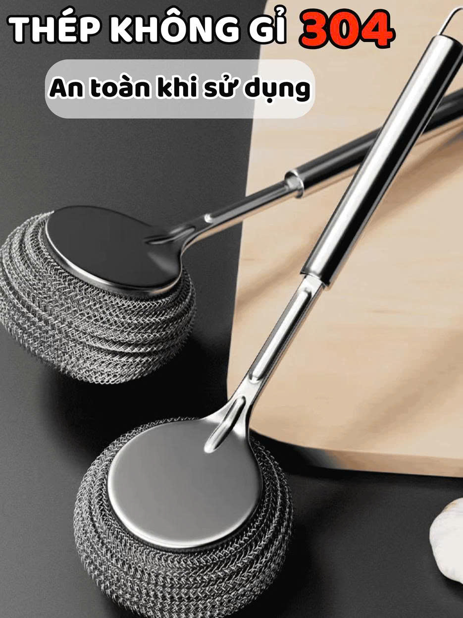 Cọ Rửa Nồi Cán Dài Inox Không Gỉ Đầu Búi Thép Tháo Rời Thay Thế Được Chà Sạch Vết Bẩn Cứng Đầu - HÀNG CHÍNH HÃNG MINIIN