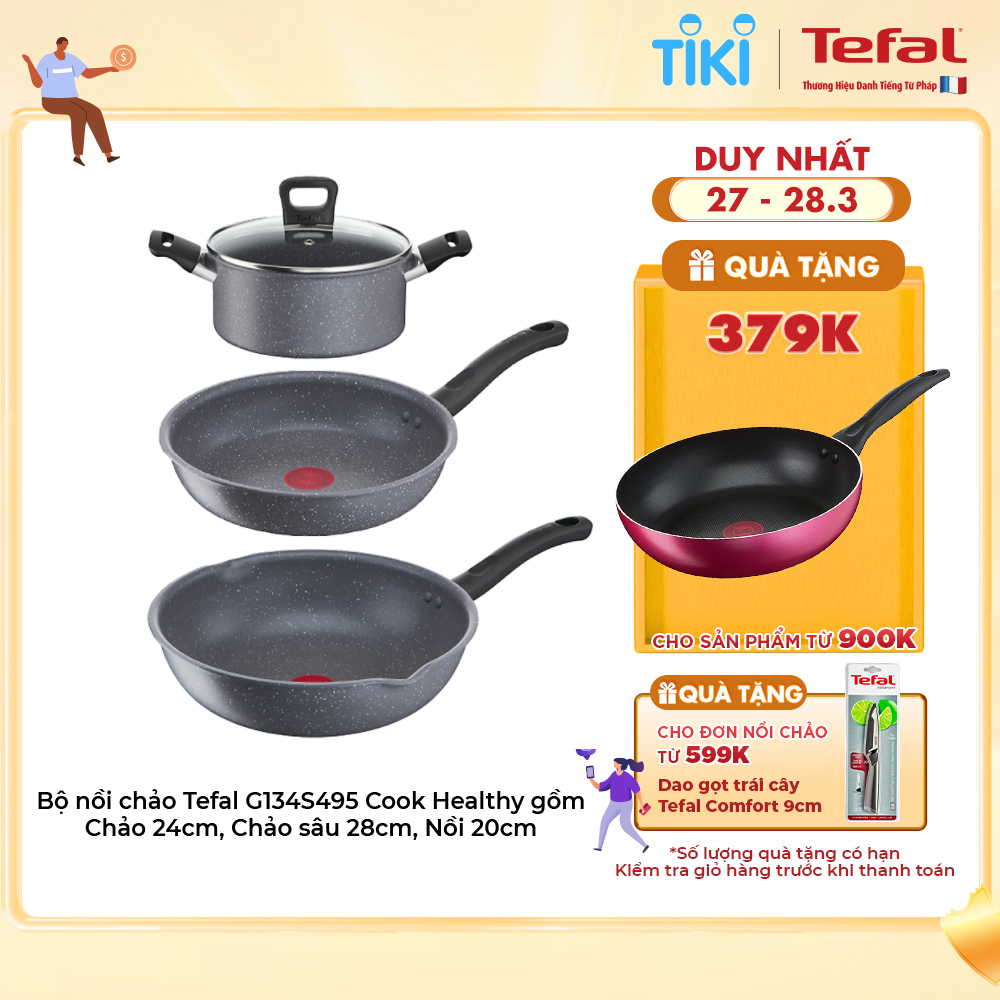 Bộ nồi chảo Tefal G134S495 Cook Healthy gồm Chảo 24cm, Chảo sâu 28cm, Nồi 20cm - Hàng chính hãng