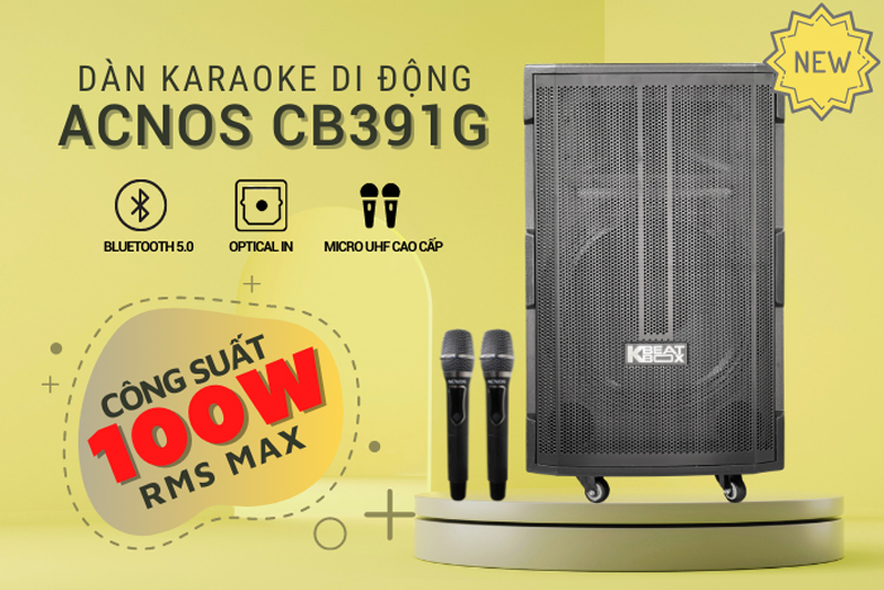 Loa kéo di động Acnos CB391G - Bass 4 tấc, công suất lên đến 450W - Đầy đủ bluetooth 5.0, cổng quang (Optical), AUX, USB - Điều chỉnh Delay, Echo dễ dàng - Kèm 2 micro không dây UHF cao cấp - Hàng chính hãng