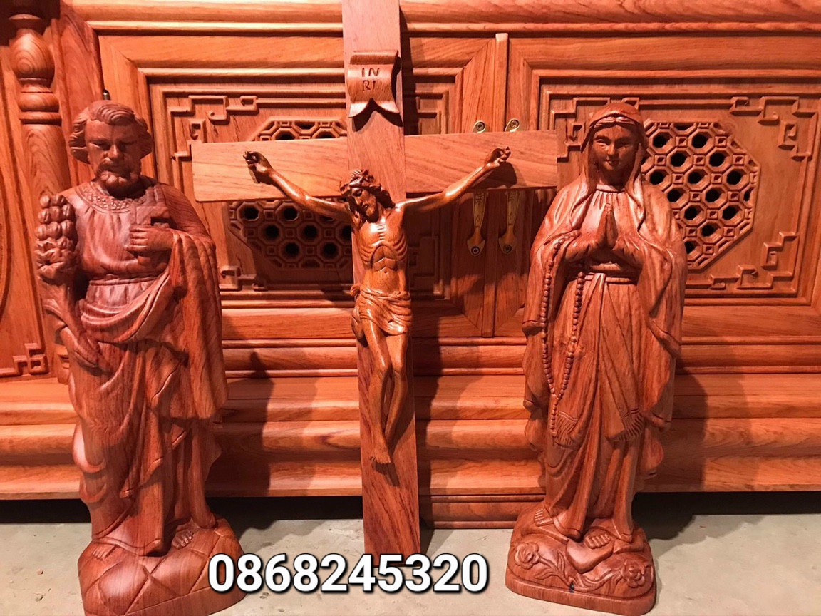 Bộ tượng bàn thờ chúa công giáo bằng gỗ hương đá kt cao 50cm