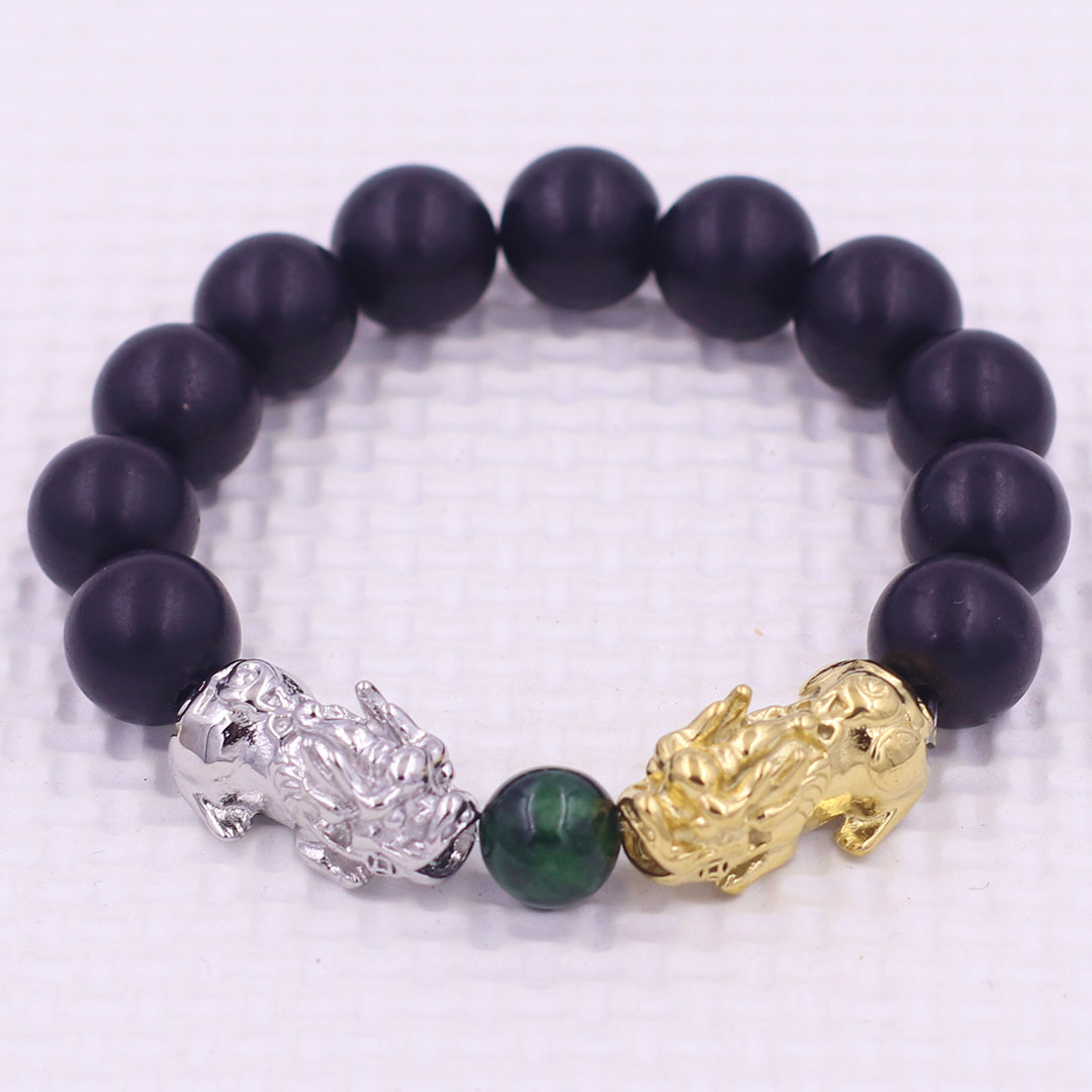 Vòng chuỗi đeo tay gỗ mun 12 ly charm tỳ hưu đôi inox trắng và vàng, vòng chuỗi phong thủy, charm tỳ hưu, vòng tay hạt chuỗi