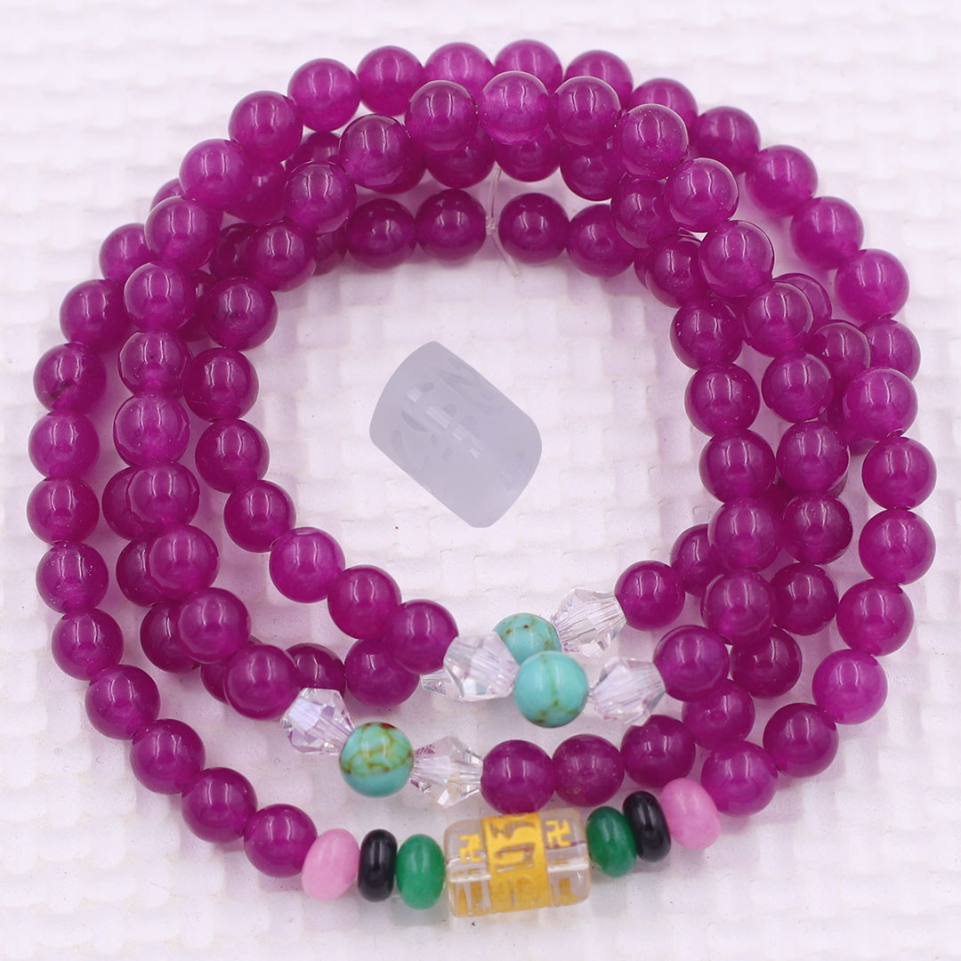 Bộ Vòng Chuỗi, Tràng Hạt 108 Hạt 6 Ly Đá Thạch Anh Hồng Đậm Charm Lục Tự Chân Ngôn - Tràng Chuỗi Niệm Phật - An Yên - Thịnh Vượng - May Mắn - Tài Lộc