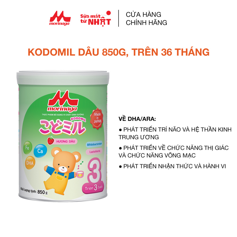 Sữa Morinaga số 3 Kodomil lon 850g hương Vani / hương dâu - cho bé từ 3 tuổi trở lên Hàng nguyên đai, nguyên tem