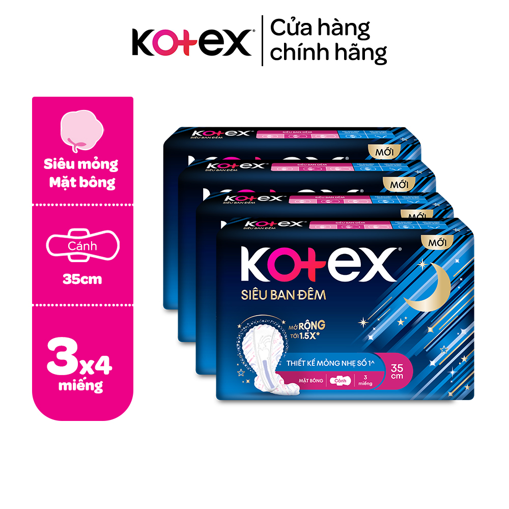 Combo 4 gói băng vệ sinh Kotex ban đêm mặt bông 3 miếng 35cm/42 cm siêu mỏng cánh