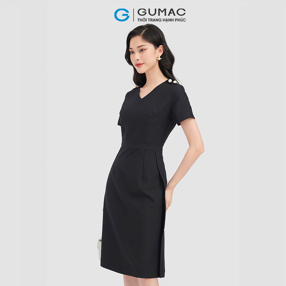 Đầm form A GUMAC LD0916 vai phối nút phong cách