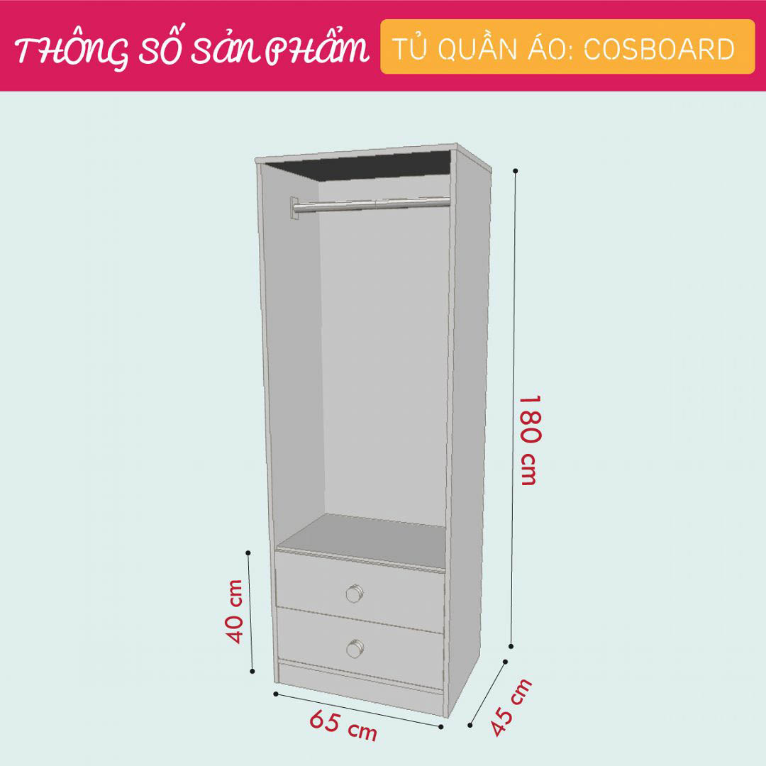 Tủ quần áo gỗ hiện đại SMLIFE Cosboard  | Gỗ MDF dày 17mm chống ẩm | D65xR45xC180cm