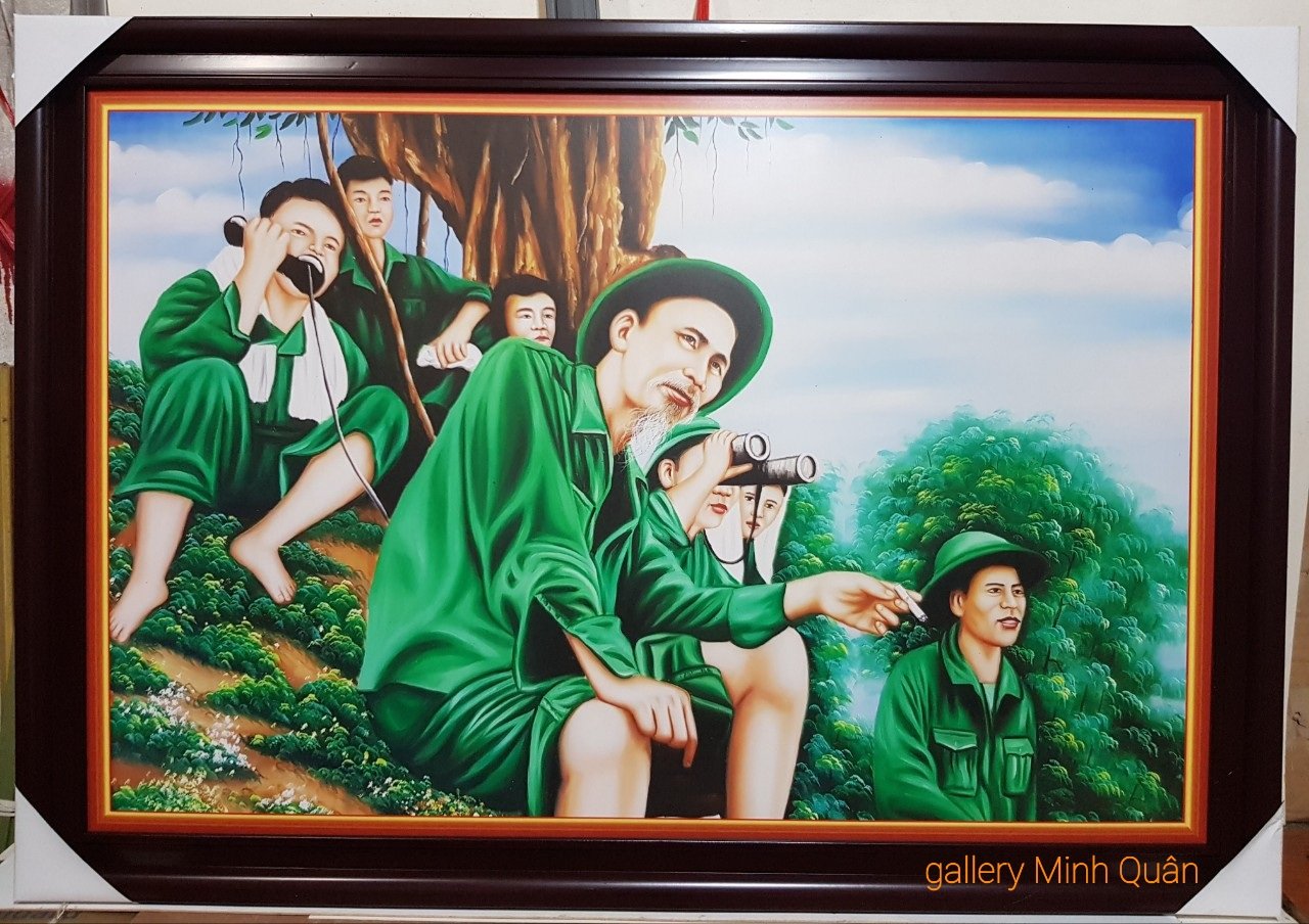 Tranh in dầu Chủ tịch Hồ Chí Minh thăm mặt trận Đông Khê năm 1950