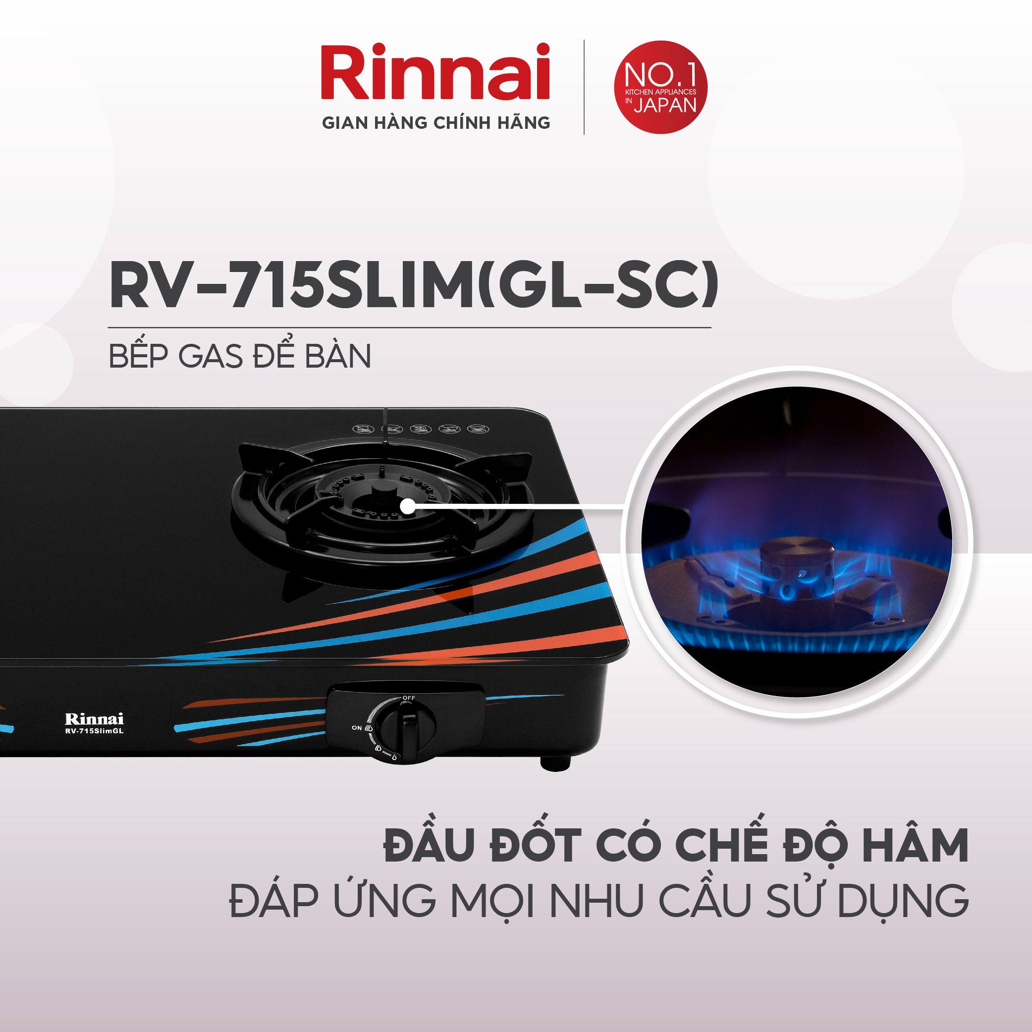 Bếp gas dương Rinnai RV-715Slim mặt bếp kính và kiềng bếp men - Hàng chính hãng.