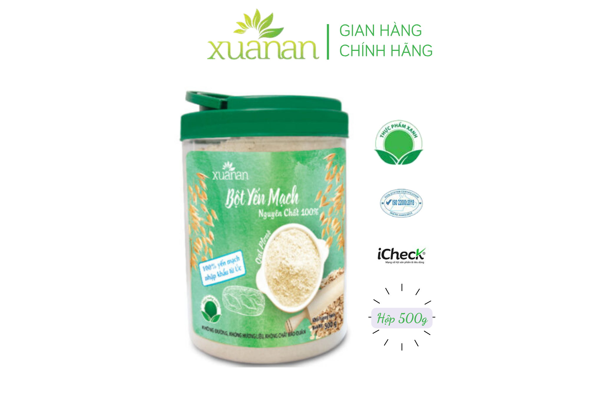 Bột Yến Mạch Nguyên Chất 100% Xuân An [ko đường] Hộp 500G (Tặng Kèm 1 Túi Yến Mạch 150G)