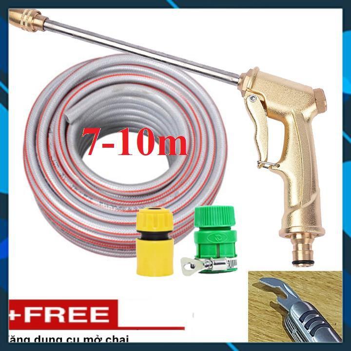 Bộ dây vòi xịt nước rửa xe, tưới cây , tăng áp 3 lần, loại 7m, 10m 206701-3 đầu đồng, cút,nối vàng+ mở chai