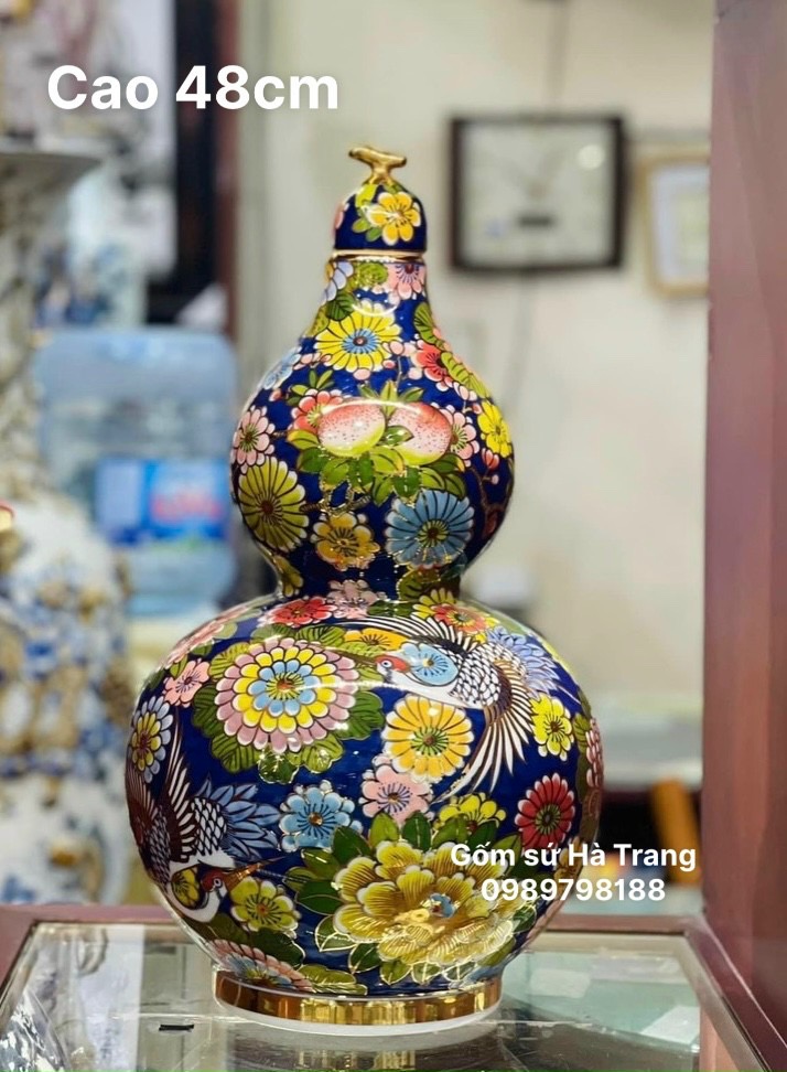 Hồ lô hút lộc gốm sứ Bát Tràng cao cấp vẽ vàng hoạ tiết vinh hoa phú quý cao 48cm