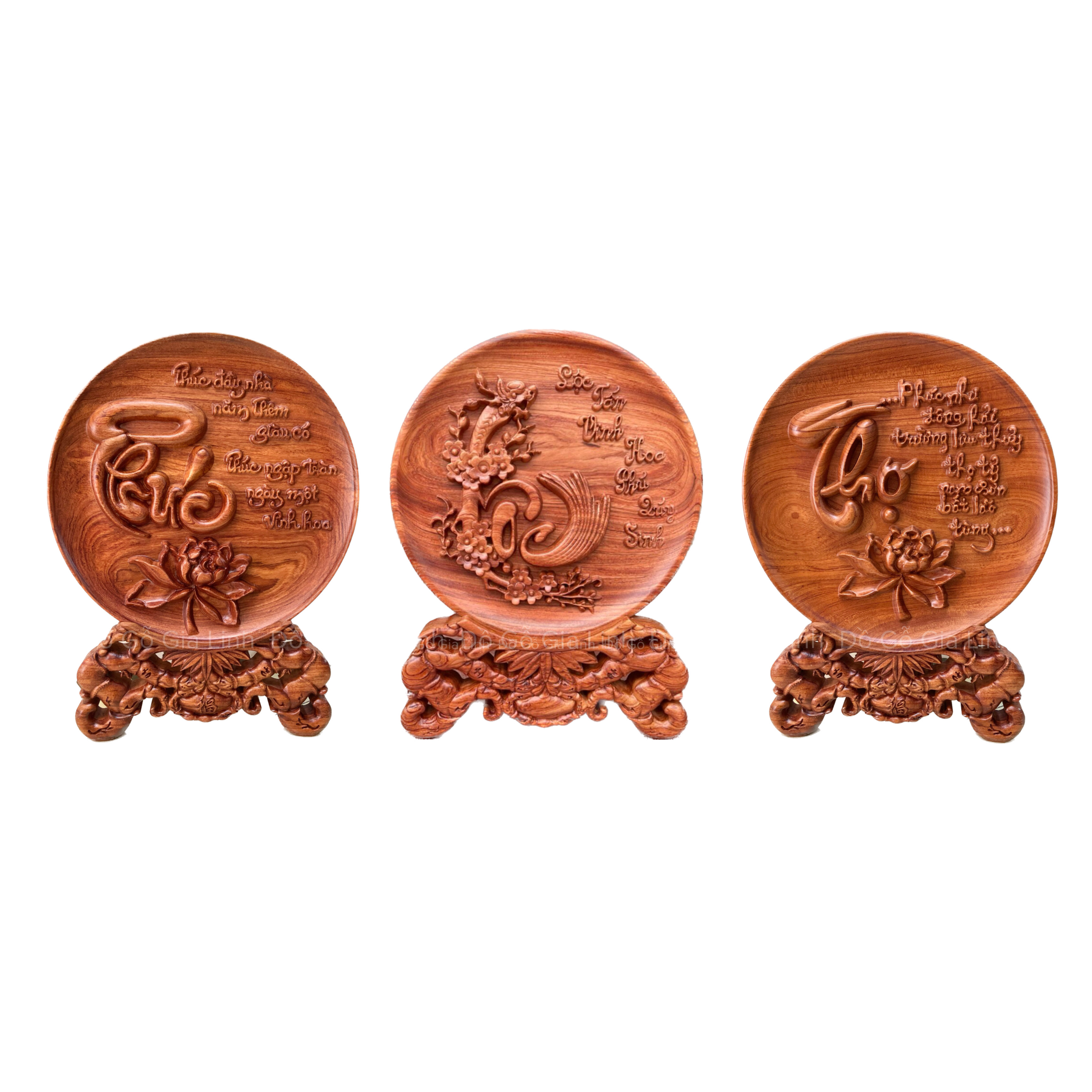 Bộ đĩa Phúc Lộc Thọ Đồ Gỗ Gia Linh gỗ Hương đá liền khối kèm chân đế
