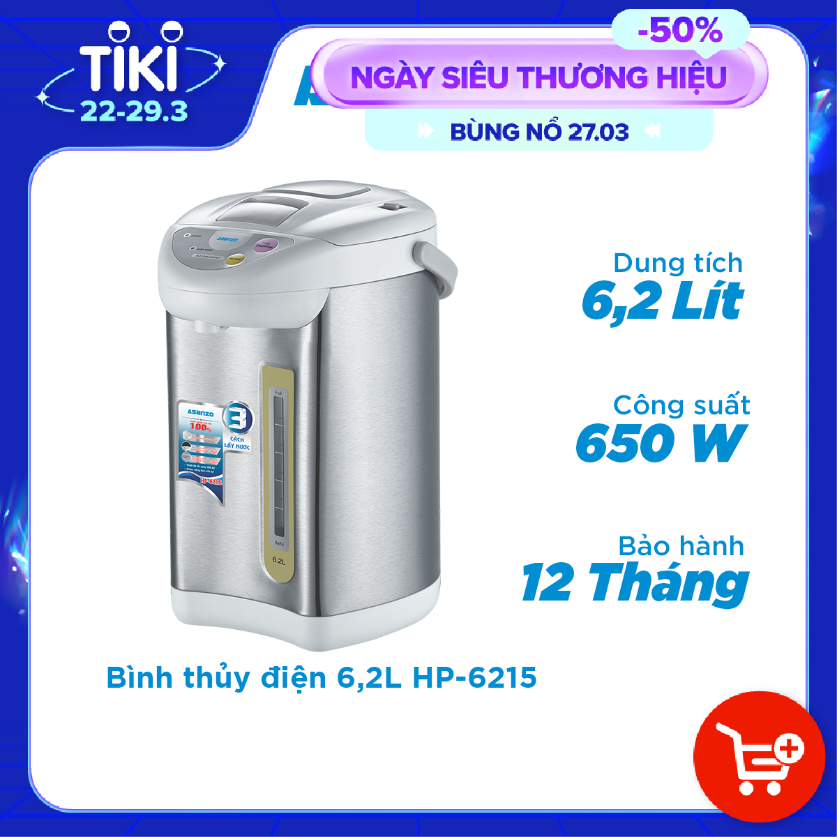 Bình Thuỷ Điện Asanzo 6.2L HP-6215 - Hàng Chính Hãng