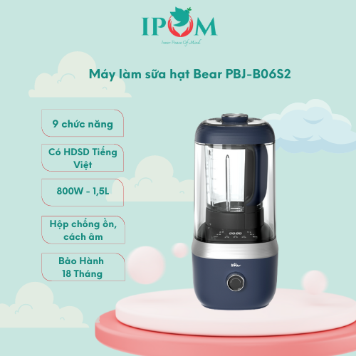 Máy Làm Sữa Hạt Bear Đa Năng 1,5L Chống Ồn Cao Cấp, Xay Nấu Sữa Hạt, Xay Sinh Tố Tiện Lợi PBJ-B06S2 - Hàng Chính Hãng Bảo Hành 18 Tháng