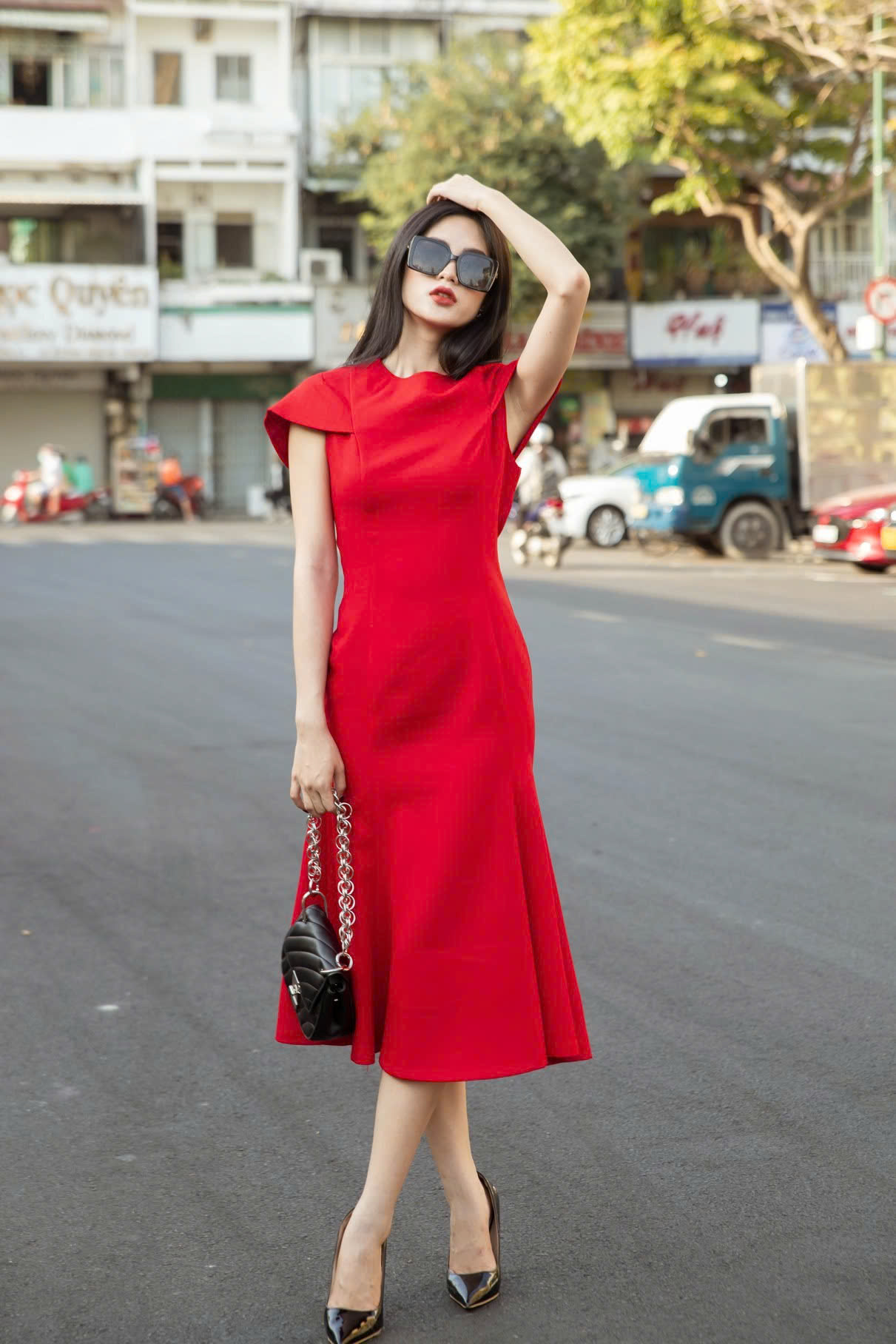 Đầm đỏ đuôi cá ngắn tay NGADO , đầm nữ , Đầm dự tiệc sang chảnh