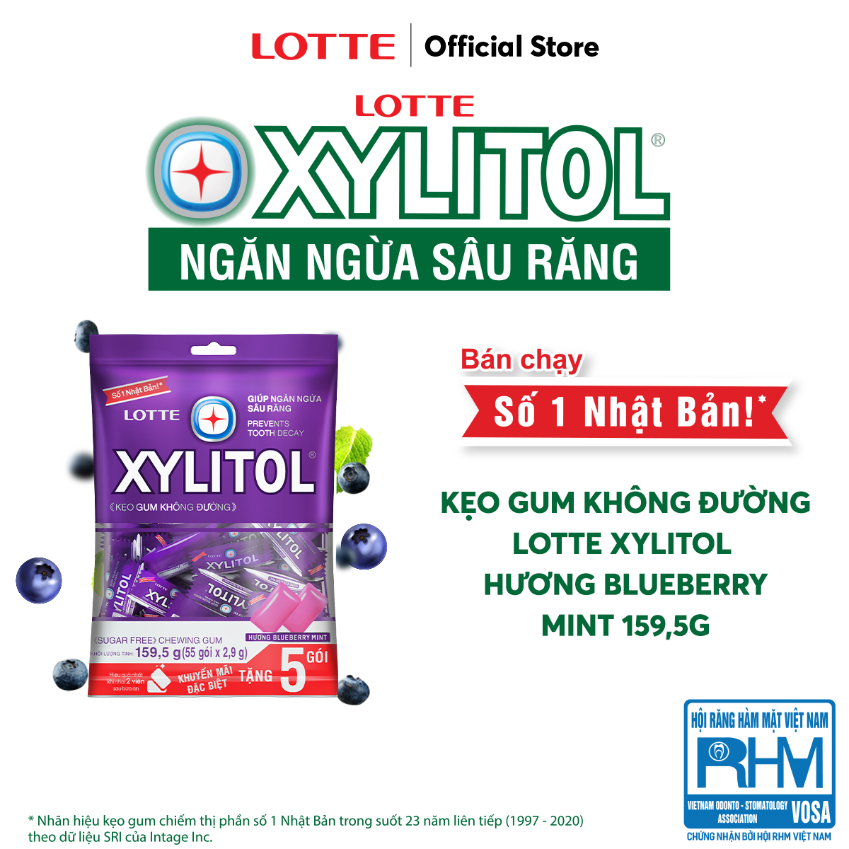 Kẹo Gum không đường Lotte Xylitol - Hương Blueberry Mint 159,5 g