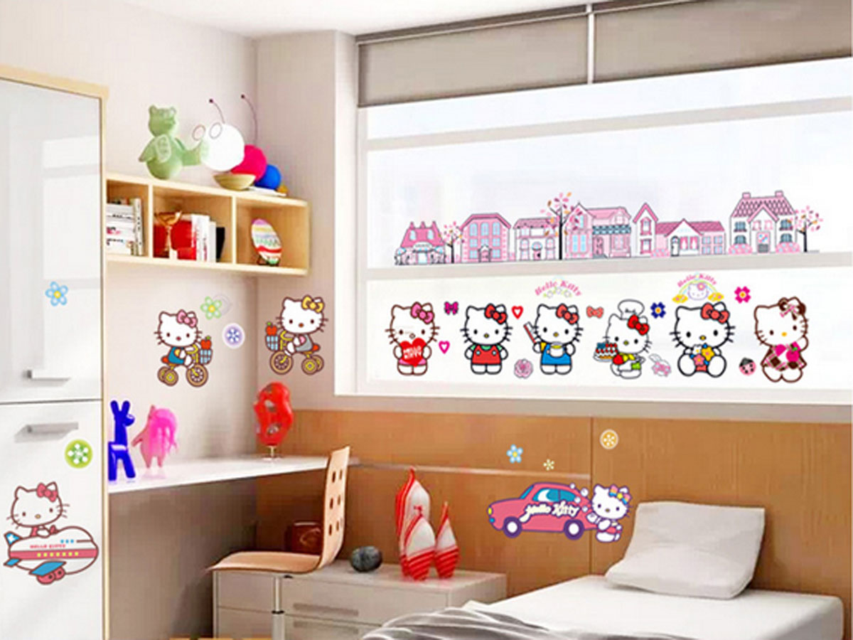 decal dán tường cho bé hello kitty  thành phố kitty ngộ nghĩnh