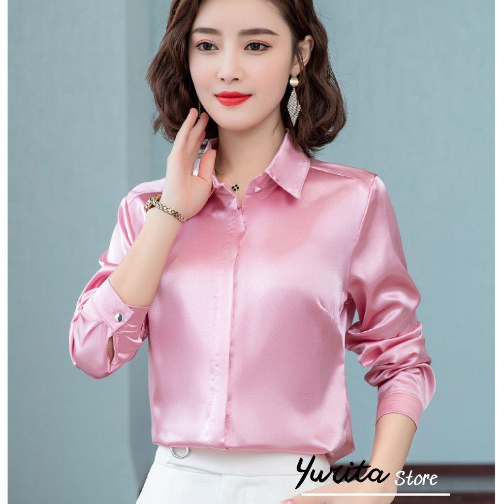Áo Sơ Mi Nữ Công Sở Màu Hồng Cổ Đức YURITA Kiểu Hàn Quốc Vintage Ulzzang Form Rộng Dài Tay Đẹp Chất Lụa Cao Cấp A2V