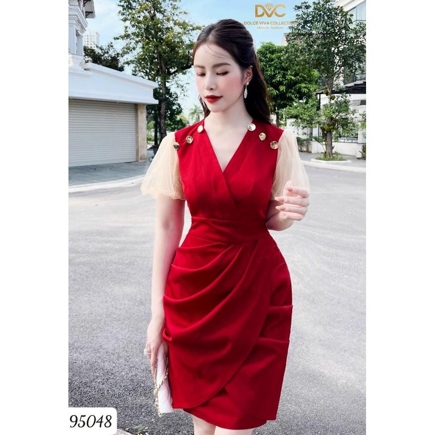 Đầm váy nữ ngắn dự tiệc cổ tim màu đỏ đính nút quý phái gợi cảm