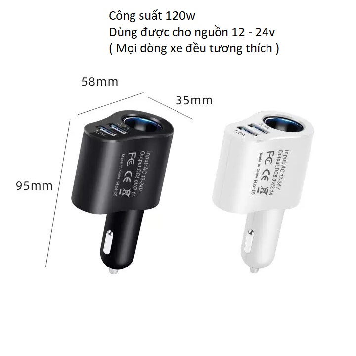 Bộ chia tâu sạc 3 in 1 với 1 tẩu 2 cổng USB dùng cho ô tô