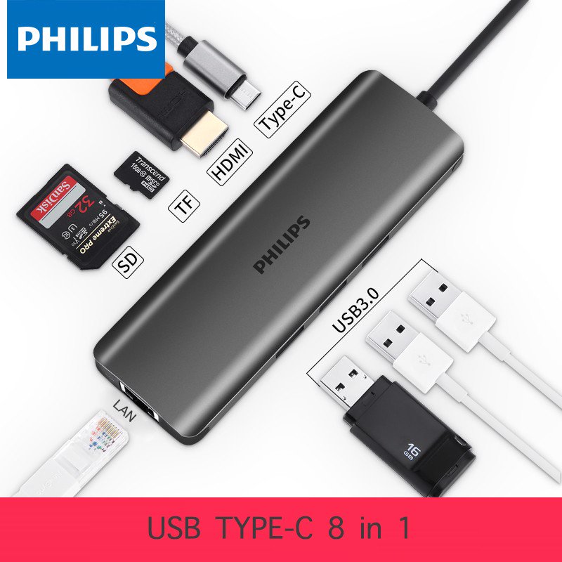 Hub / Bộ chuyển đổi USB-C 8in1 LAN, HDMI4k, SD, MicroSD Philips Có Dây - Hàng chính hãng