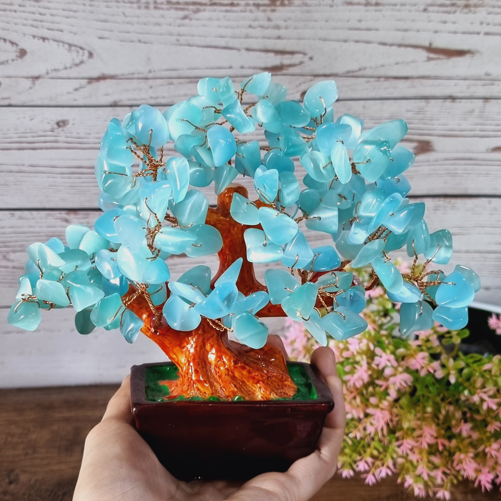 Cây Tài Lộc đá mắt mèo màu trắng size 16cm