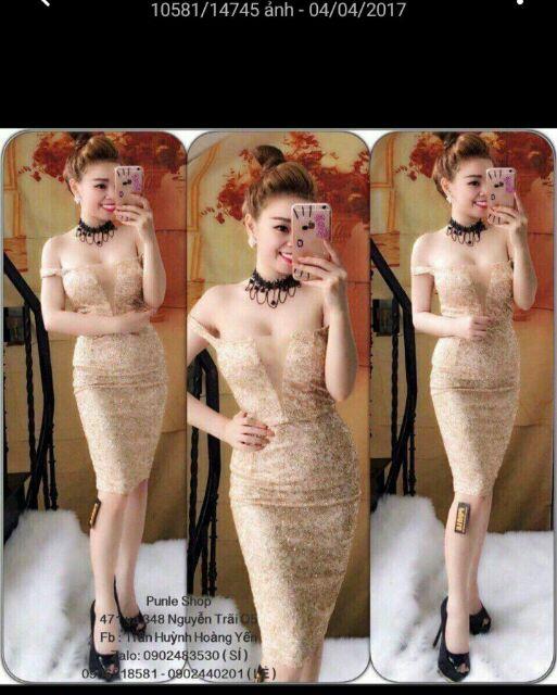 Đầm body bẹt vai xẻ ngực