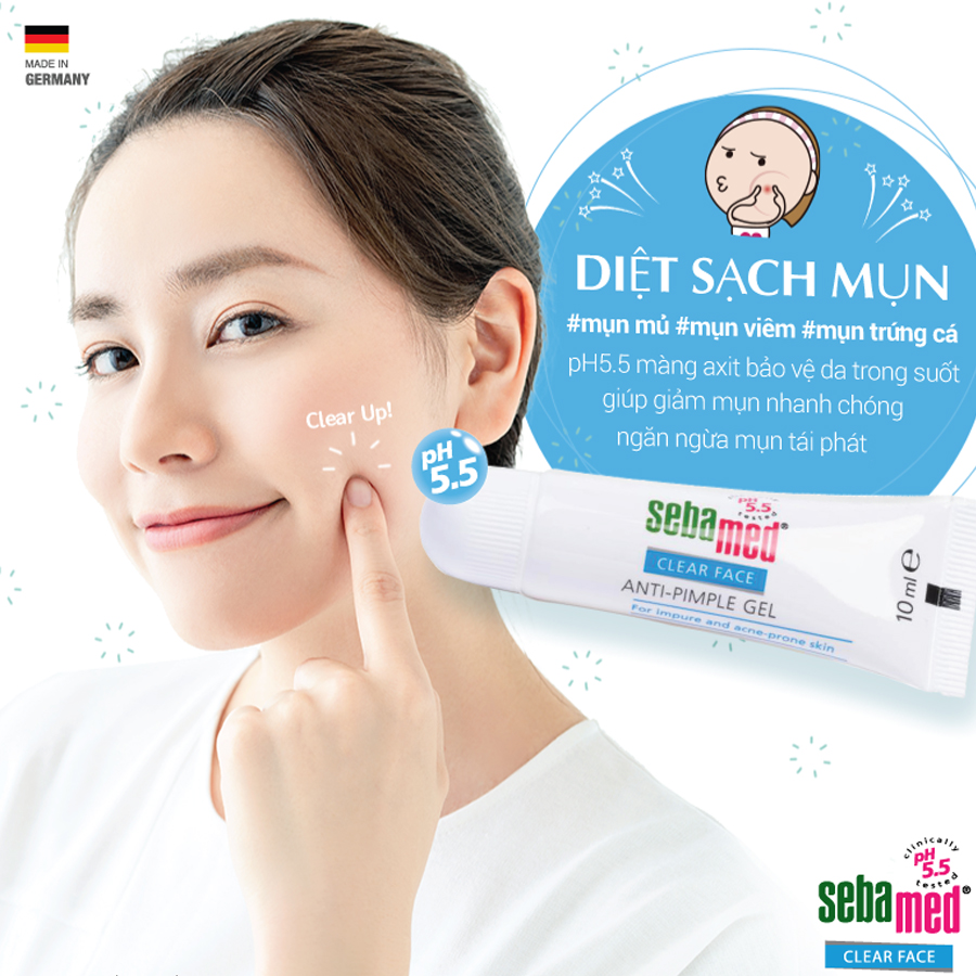 Gel Ngừa Mụn Kháng Khuẩn Và Làm Dịu Da Mụn Sebamed Clear Face Anti-Pimple Gel PH5.5 Từ Đức Tuýp 10Ml