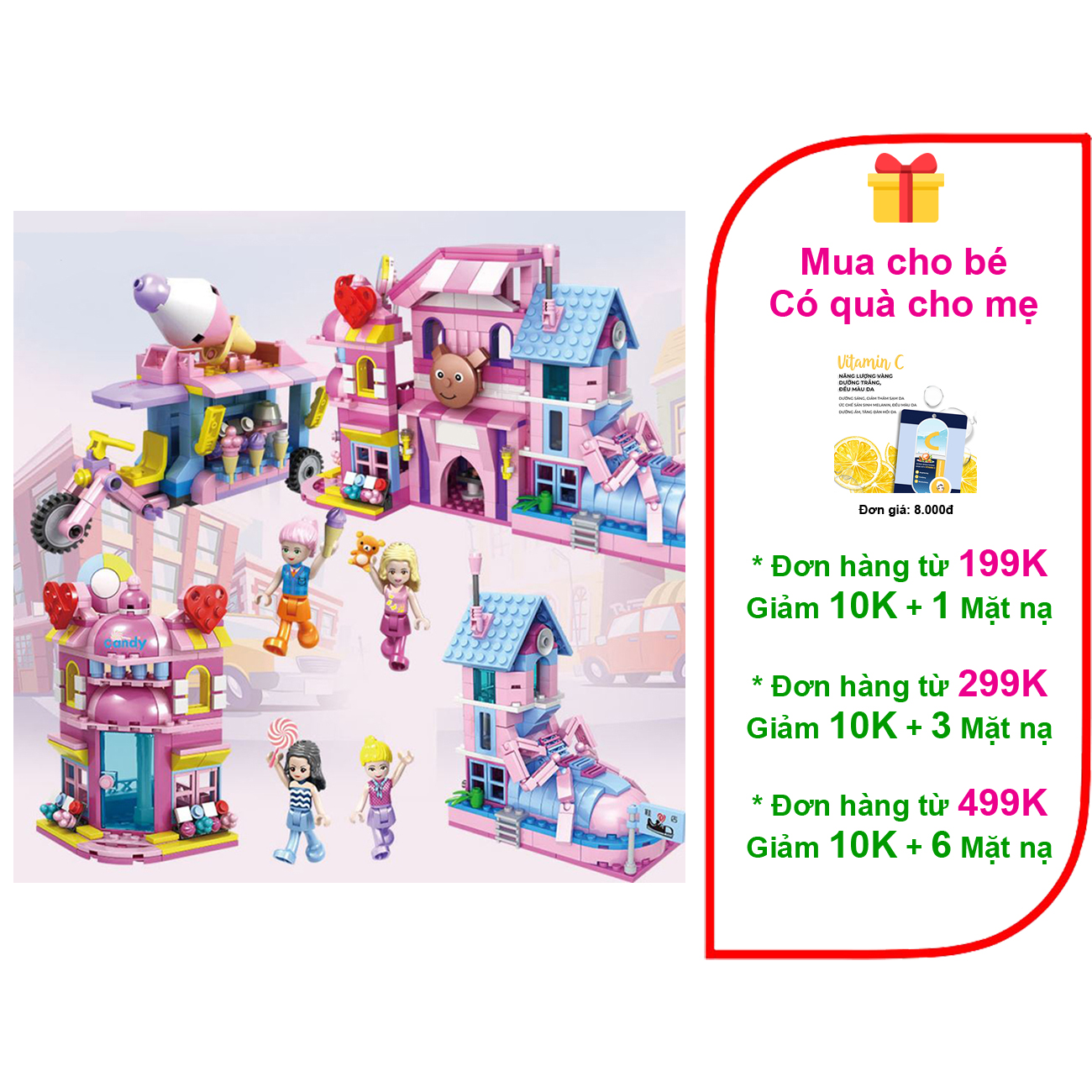 Đồ chơi lắp ráp cửa hàng kinh doanh và cô gái bán hàng
